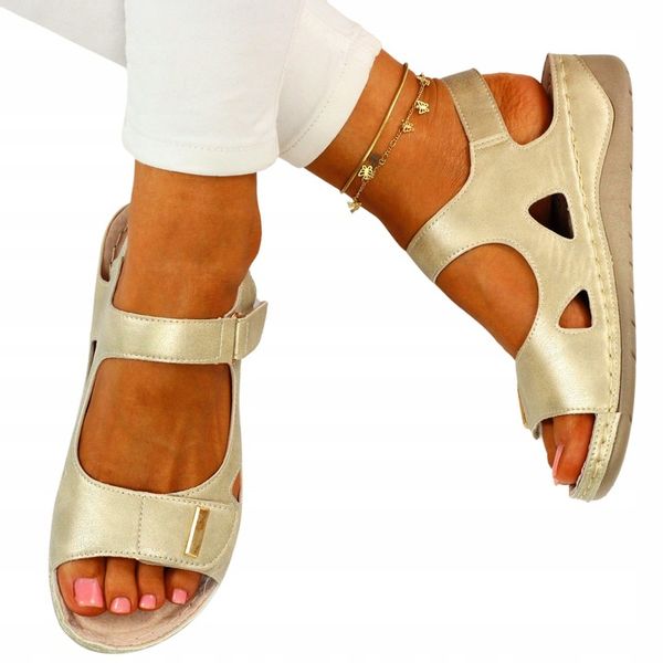 SANDAŁY DAMSKIE PROFILOWANE SZYTE NA RZEPY SKÓRA zdjęcie 1