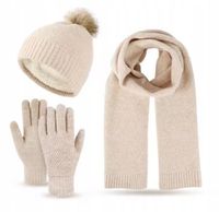 Komplet czapka ocieplana pompon szalik rękawiczki dotykowe do telefonu beż