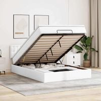 Łóżko otomana z materacami i LED, biała, 140x190cm, ekoskóra