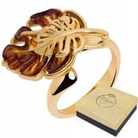 Złoty Pierścionek Damski Z Bursztynem Srebrny 925 Regulowany Liść Monstery