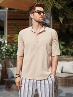 KOSZULA KRÓTKI RĘKAW JASNOBEŻOWA TEKSTURA PROSTA STÓJKA SHEIN XXL