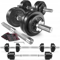 Hantle żeliwne 2x15kg zestaw z przedłużanym gryfem ryflowanym + zaciski