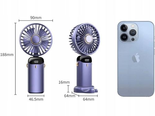 WENTYLATOR RĘCZNY LED 5 PRĘDKOŚCI WIATRAK MINI CICHY SKŁADANY PODRÓŻNY na Arena.pl