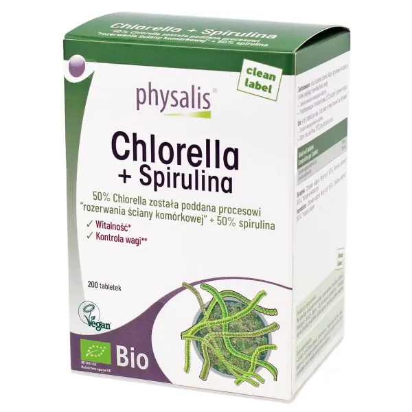 Chlorella + Spirulina BIO 200 Tabletek - Physalis zdjęcie 1