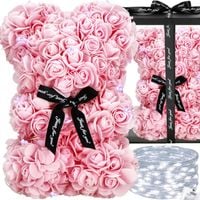 Miś z płatków róż różowy 22 cm rose bear z lampkami LED biały zimny