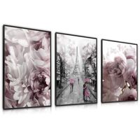 Zestaw 3X Plakat W Ramie Abstrakcja Paryż Wieża Eiffla Piwonie 60cm x 80cm