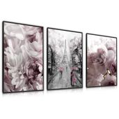 Zestaw 3X Plakat W Ramie Abstrakcja Paryż Wieża Eiffla Piwonie 60cm x 80cm