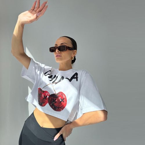 Chiara Wear - T-shirt crop top CHERRY - biały XS na Arena.pl