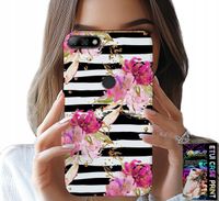 ETUI DO HUAWEI Y7 2018 - KWIATKI W CZARNO - BIAŁE PASKI WZORY