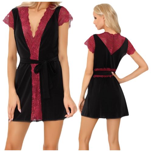 SZLAFROK DAMSKI CZARNY PIĘKNA KORONKA STRINGI L/XL na Arena.pl