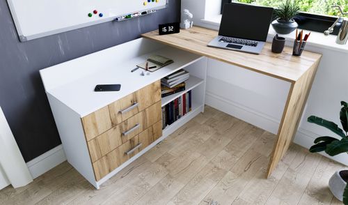 Funkcjonalne biurko narożne Omega w kształcie litery L - 3 szuflady na Arena.pl