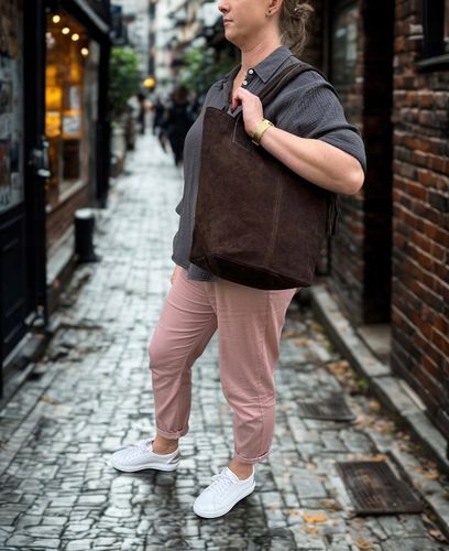 czekoladowa zamszowa torebka worek skóra naturalna SHOPPER A4 VERA PELLE na Arena.pl