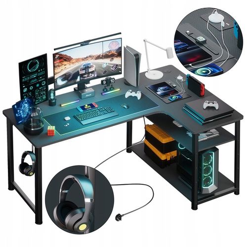 Biurko Gamingowe Narożne z półką i portem ładowania USB na Czarnym na Arena.pl