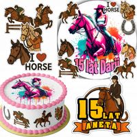 ZESTAW OPŁATEK NA TORT 20CM + 16 POSTACI - JAZDA KONNO KOŃ + IMIĘ 15CM 18CM