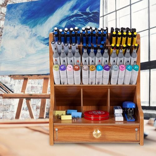 Drewniany Organizer na Biurko Przybornik z Szufladą 20x15x25 cm Naturalny na Arena.pl