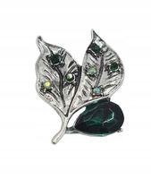 Broszka dwa listki z zielonymi cyrkoniami i kryształkiem kolor srebrny 3cm