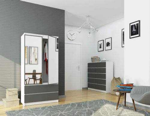 Szafa S 90 cm 2 drzwi 2 szuflady 2 lustra - biała-grafit szary na Arena.pl