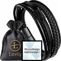 PREMIUM Czarna Skórzana Bransoletka Męska Elegancka Magnes STAL NIERDZEWNA