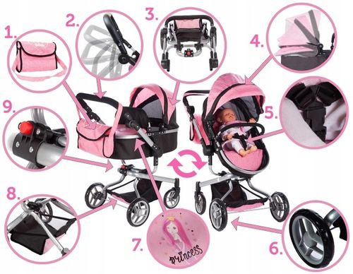 WÓZEK DLA LALEK GŁĘBOKI SPACERÓWKA 2w1 LEKKI SKŁADANY + TORBA + GONDOLA na Arena.pl