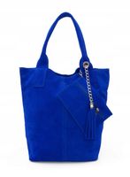 VERA PELLE torebka damska zamszowa worek shopper z suwakiem V146 chabrowa