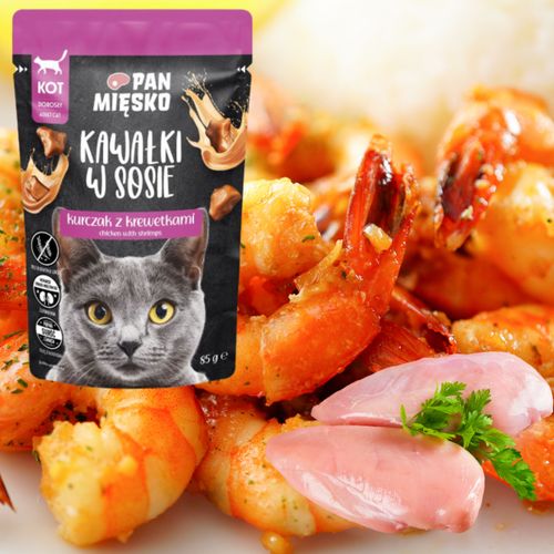 karma mokra dla kota kawałki mięsa kurczak krewetki pan mięsko 85g bez zbóż na Arena.pl