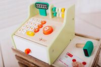 DREWNIANA KASA SKLEPOWA FISKALNA SKANER BANKNOTY AKCESORIA CLASSIC WORLD