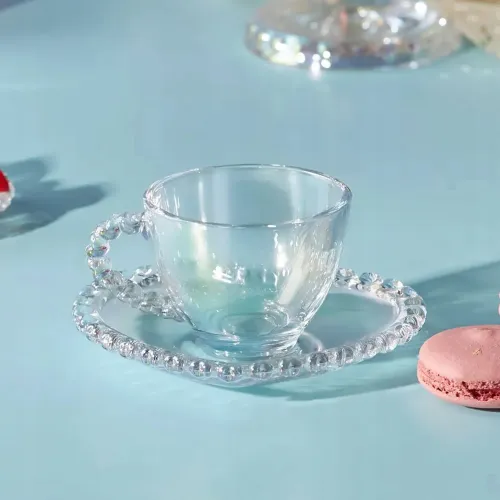 FILIŻANKA ZE SPODKIEM SZKLANA AMORA 200ML NA KAWĘ UNIWERSALNA WZÓR SERCE na Arena.pl