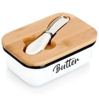 Maselniczka Emaliowana z Pokrywką Bambusowa Nożykiem Pojemnik na Masło