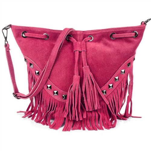 VERA PELLE torebka zamszowa listonoszka boho z ćwiekami V418 fuksja na Arena.pl