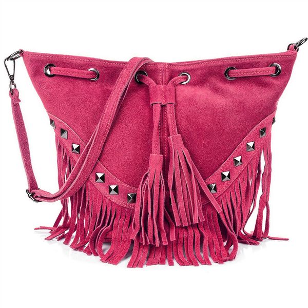 VERA PELLE torebka zamszowa listonoszka boho z ćwiekami V418 fuksja zdjęcie 1
