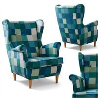 Fotel uszak skandynawski niebieska krata stylowy szkocki Print Family Meble