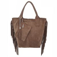 VERA PELLE torebka zamszowa shopper z frędzlami i saszetką V460 taupe