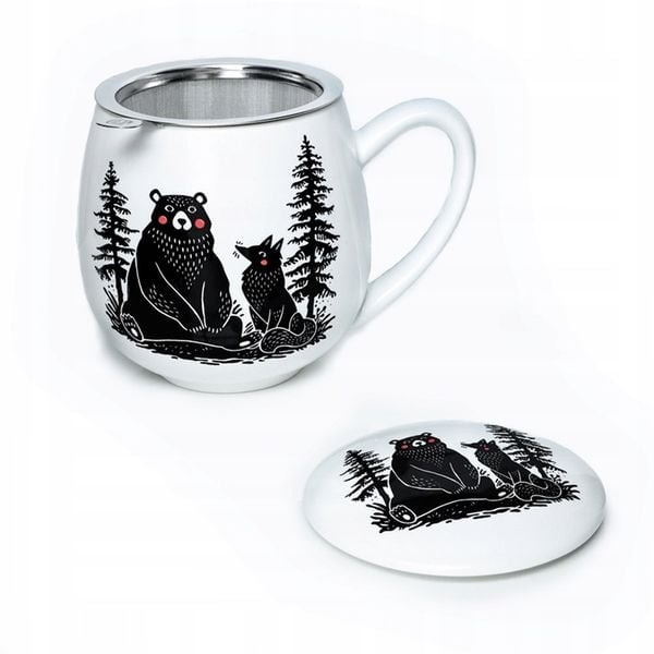 Idealny kubek porcelanowy z zaparzaczem oraz pokrywką miś i lis do naparu zdjęcie 1