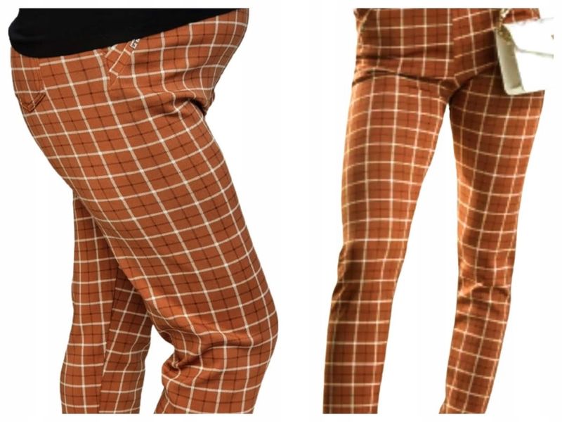 Spodnie damskie cygaretki w kratkę 7XL/8XL brązowe z kieszeniami zdjęcie 1