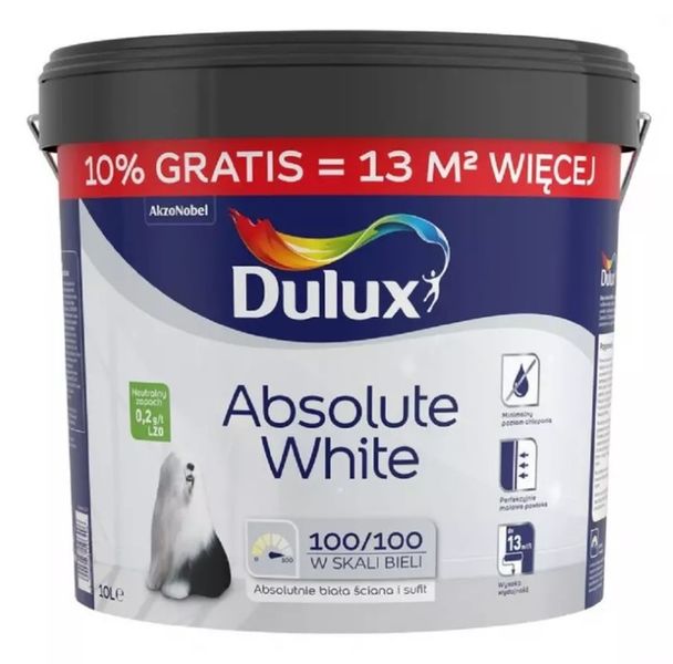 Farba Dulux Absolute White do ścian i sufitów 9L +10% zdjęcie 1