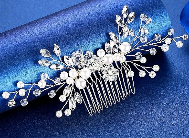 Do Włosów Srebrny Grzebyk Ozdoba Perełki Kryształy zdjęcie 10