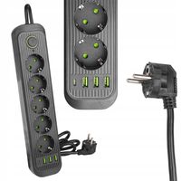 Przedłużacz listwa 2m zasilająca 4x USB UZIEMIENIE 5 GNIAZDA CZARNY 3x1MM