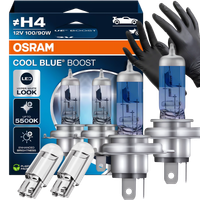 Żarówki Osram H4 Cool Blue Boost 5500K Białe + W5W Clear LED + Rękawiczki