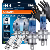 Żarówki Osram H4 Cool Blue Boost 5500K Białe + W5W Clear LED + Rękawiczki