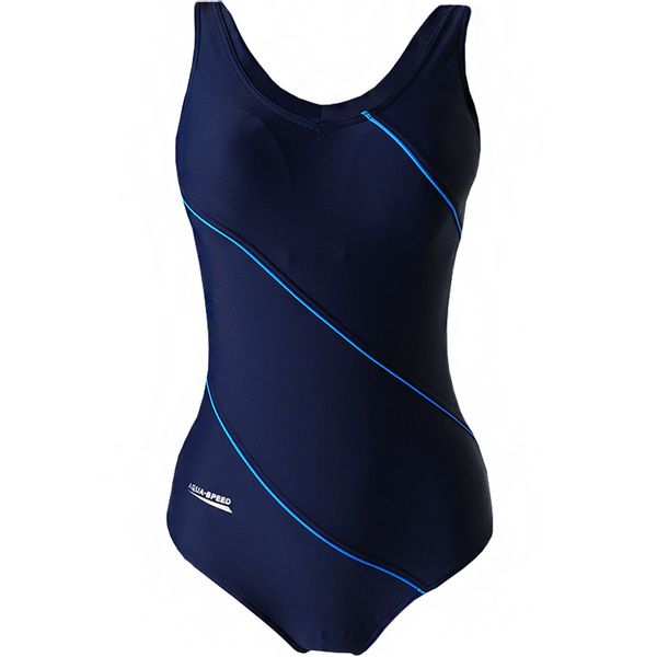 Costume Intero Da Donna AQUA-SPEED Sophie, Blu Con Cuciture Nere, Taglia 42, Con Coppe Imbottite E Zona Addominale Modellante
