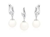 ELEGANCKI KLASYCZNY RODOWANY SREBRNY WISZĄCY KOMPLET JASNE PERŁY CYRKONIE