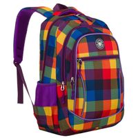 plecak szkolny w kratę odszyty z poliestru, zawieszony na regulowanych