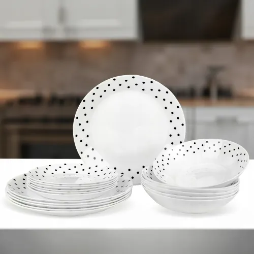 SERWIS OBIADOWY 18 ELEM DLA 6 OSÓB KPL TALERZY ZE ZDOBIENIEM W KROPKI SZKŁO na Arena.pl