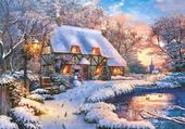 PUZZLE 500 UKŁADANKA KRAJOBRAZ WIDOK ZIMA DOM CHATA RZEKA ŚNIEG 9+ CASTOR