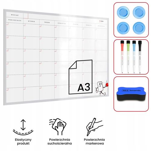 Tablica na lodówkę A3 Planer miesięczny magnetyczny suchościeralny + GRATIS na Arena.pl