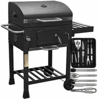 Grill Węglowy na Kółkach z Półką Pokrywą Ogrodowy Przenośny Żeliwny Ruszt