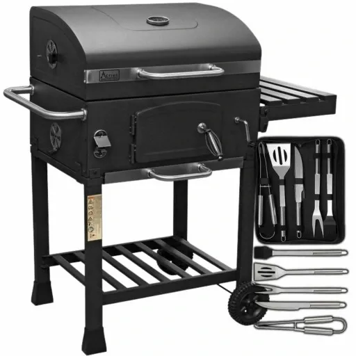 Grill Węglowy na Kółkach z Półką Pokrywą Ogrodowy Przenośny Żeliwny Ruszt zdjęcie 1