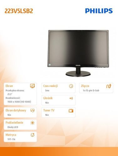 Philips 21.5'' 223V5LSB2/10 LED Czarny na Arena.pl
