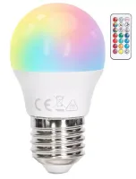 Żarówka LED G45 E27 4,8W RGB+3000K ciepła kulka z pilotem energooszczędna