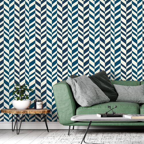 Tapeta Do Salonu Niebieska JODEŁKA Wzór Vintage na Arena.pl